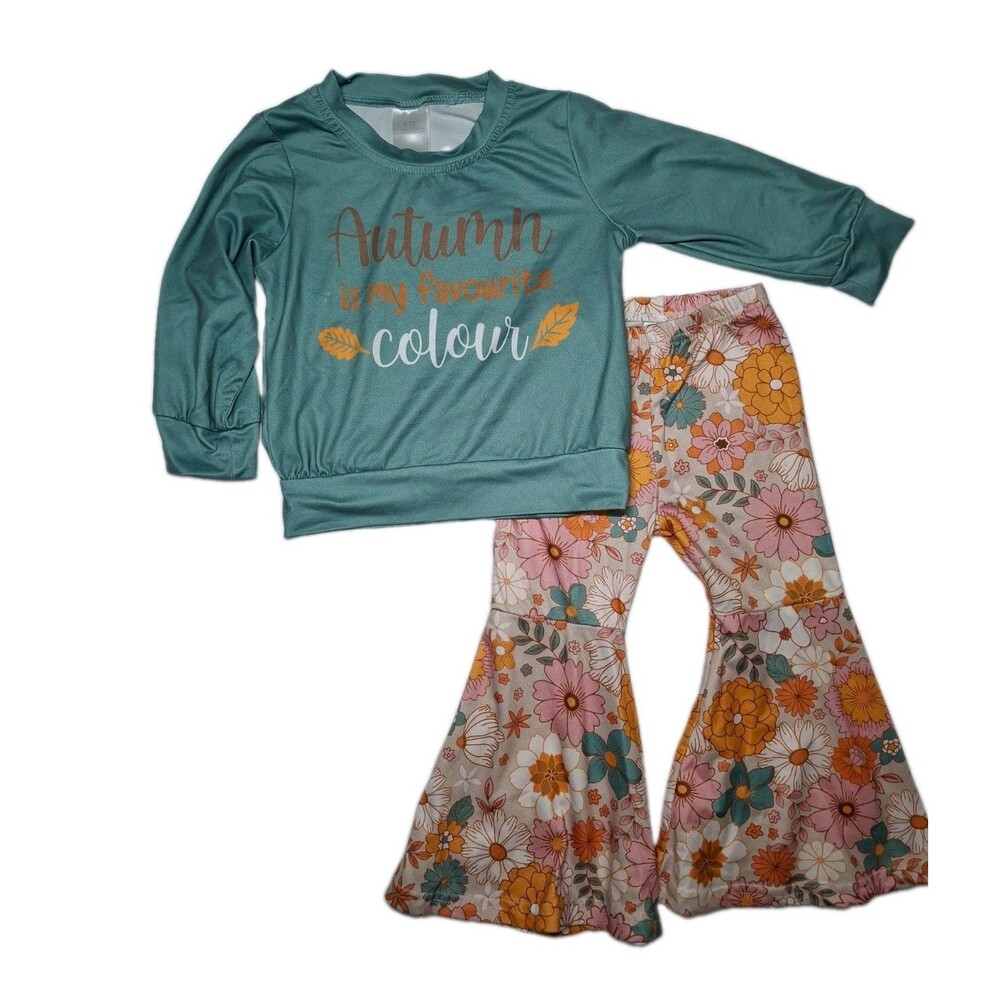 Autumn Outfit With Decorative LS Top And Matching Flared Bottoms 1T-2T In Size